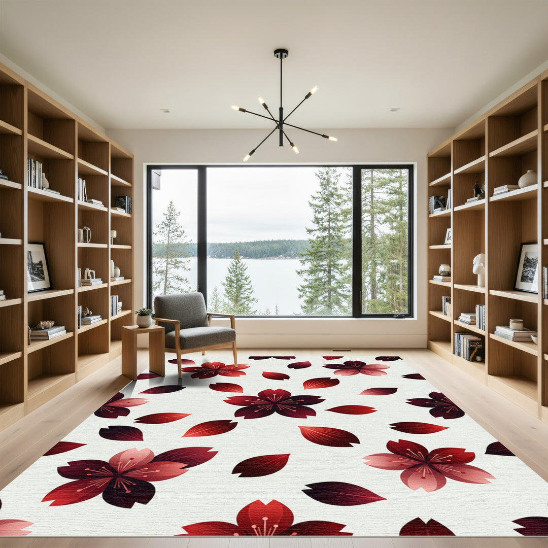 Crimson Cherry Blossom Falling Petals Rug