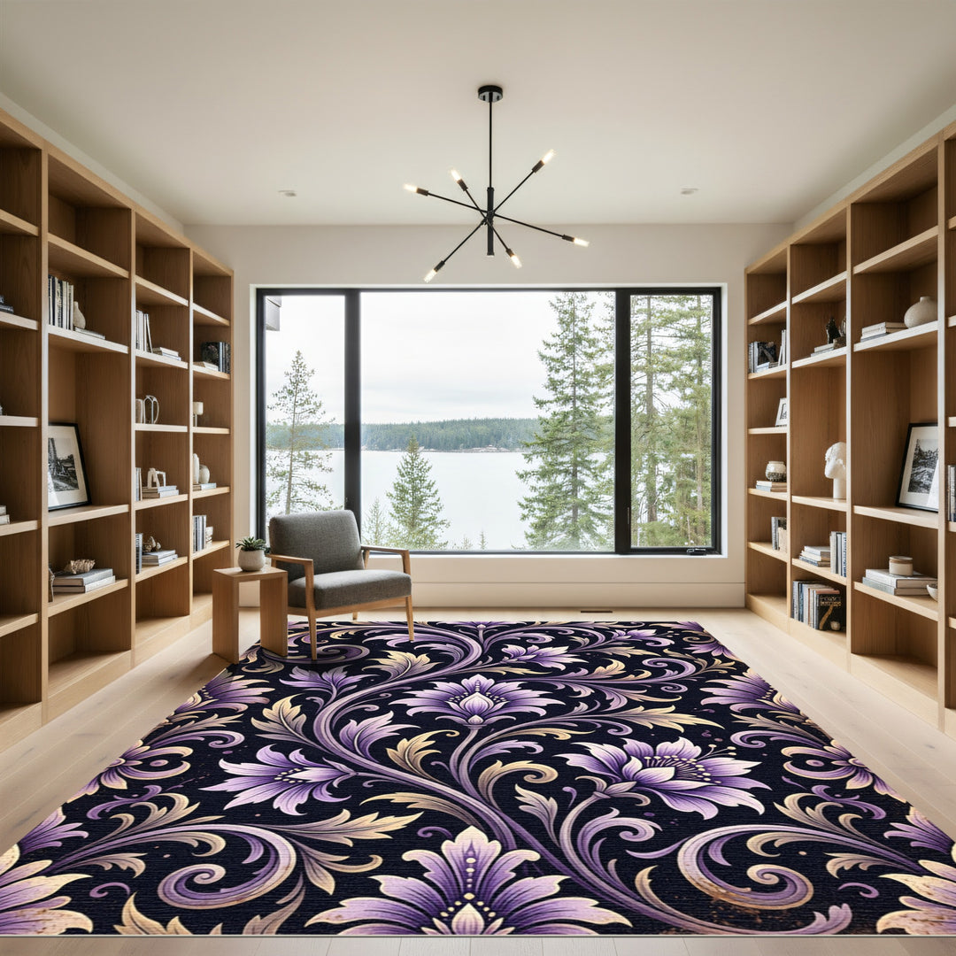 Purple Golden Baroque Floral Swirl Rug