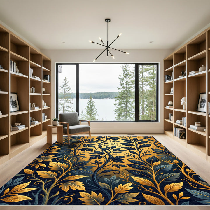 Navy Gold Botanical Swirls In Bloom Rug