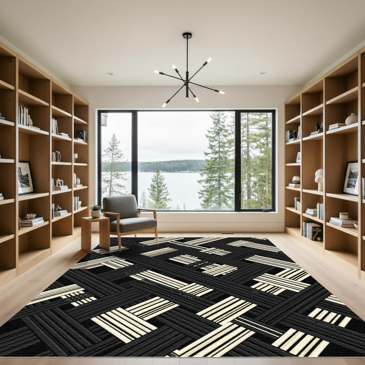 Black Cream Woven Intersecting Lines Rug