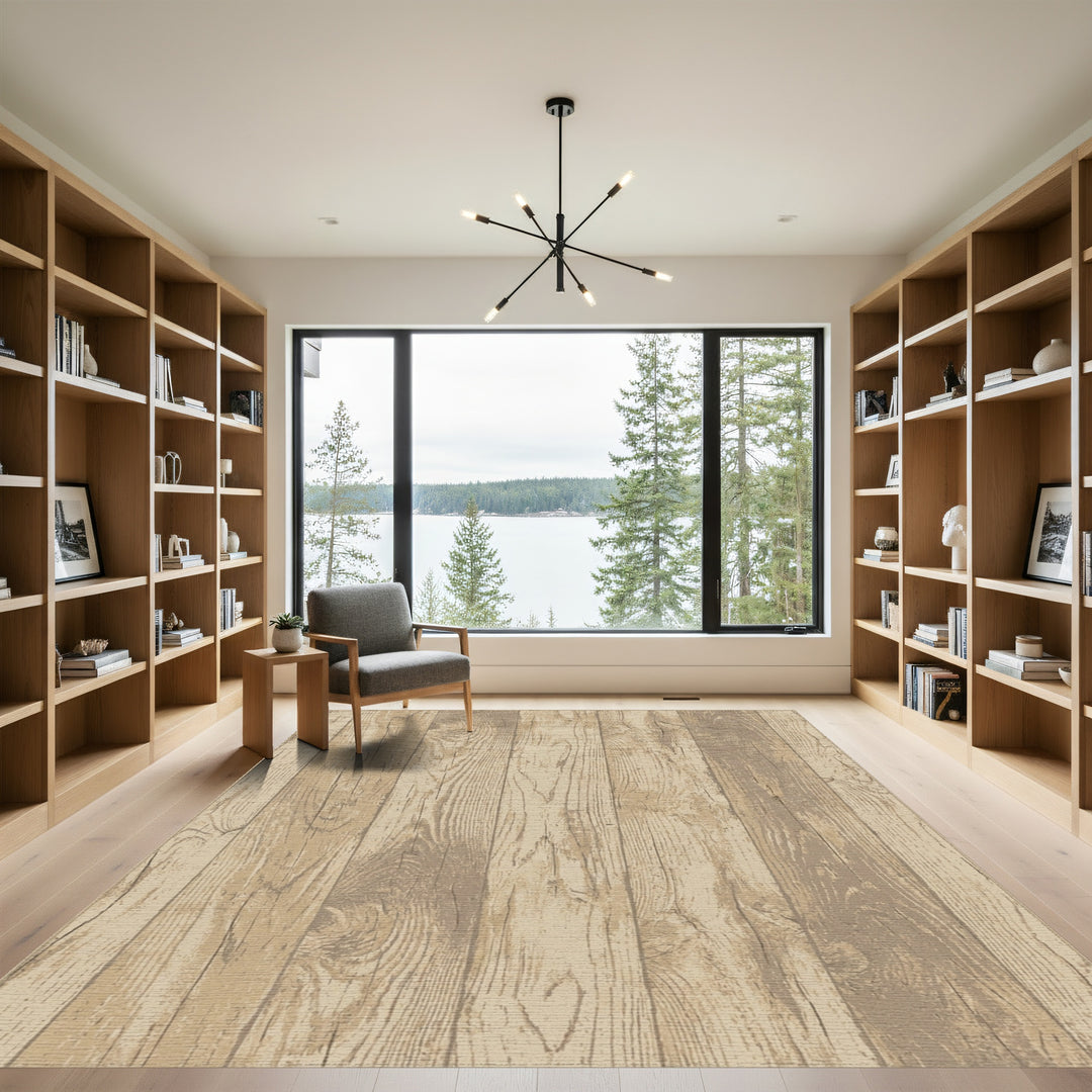 Rustic Tan Wood Grain Vertical Planks Rug