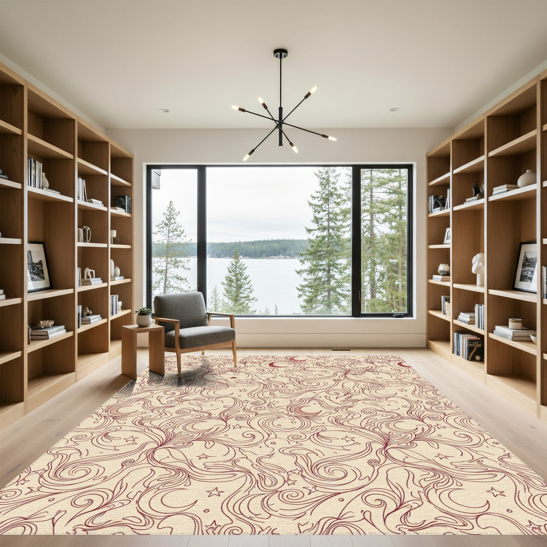 Crimson Moon Crescent Floral Swirls Rug