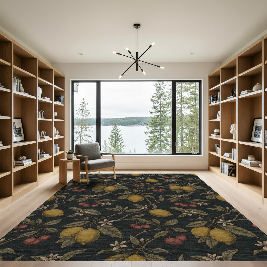 Orchard Lemons Cherries Botanical Dark Rug