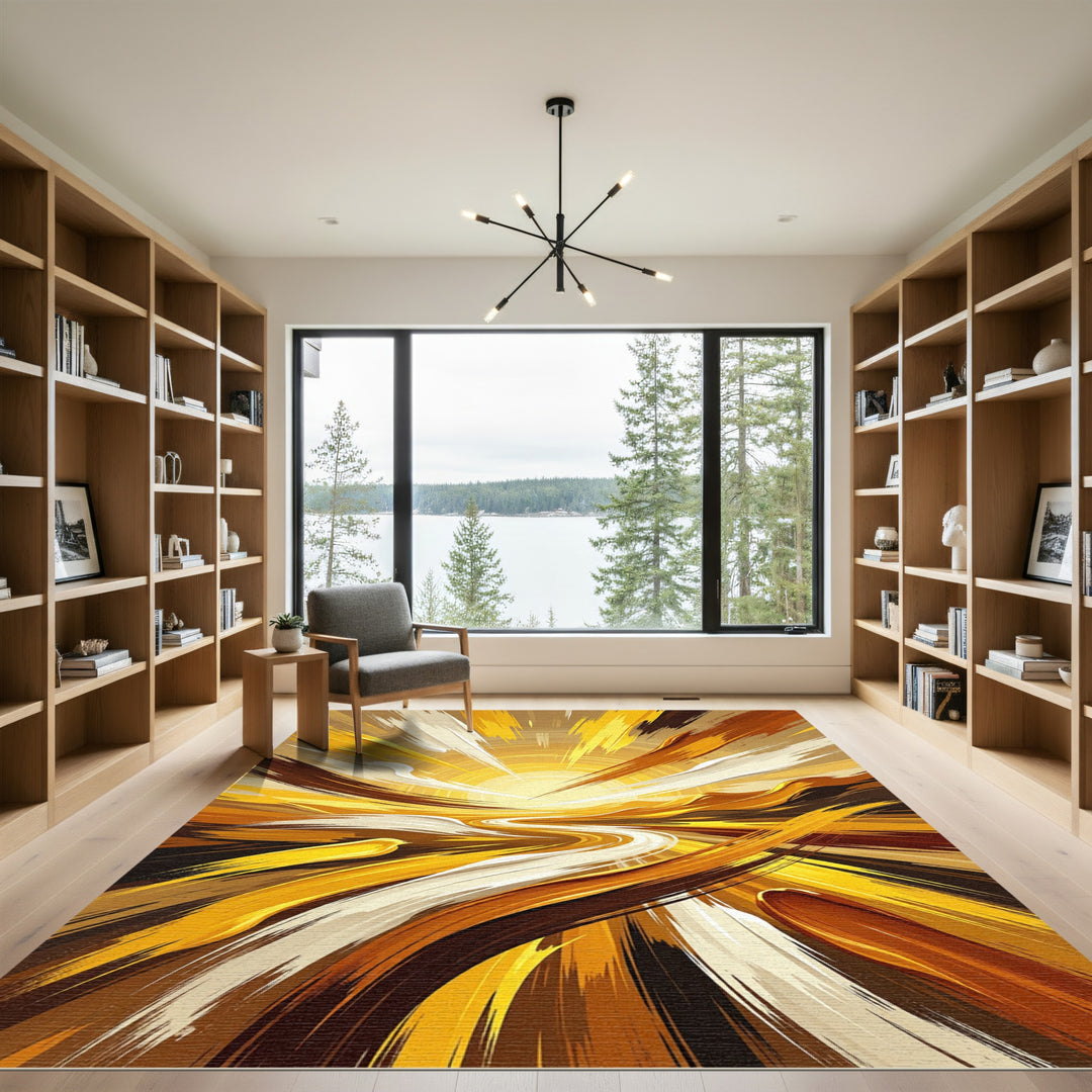 Abstract Golden Sunburst Splatter Rug