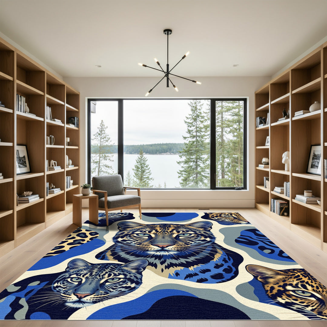 Abstract Blue Leopard Faces Rug