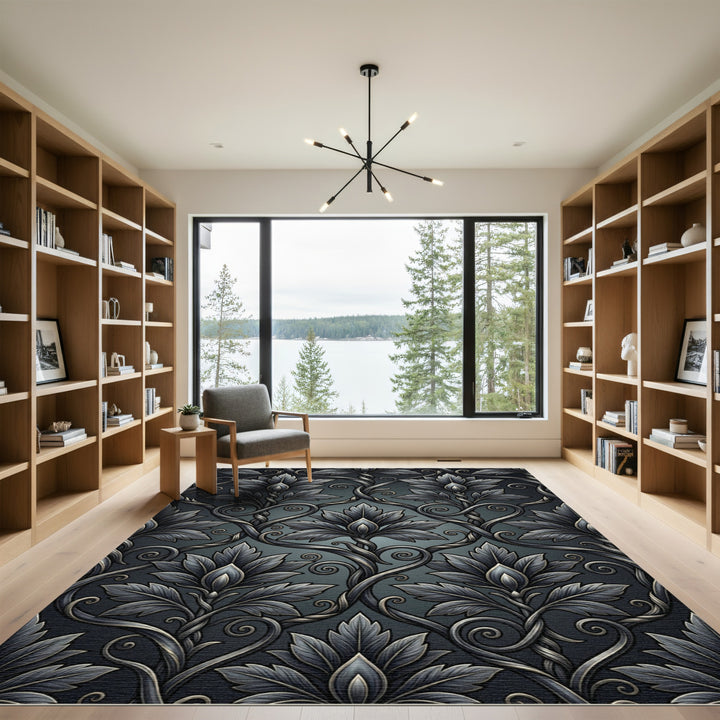 Ornate Dark Gray Floral Scroll Rug