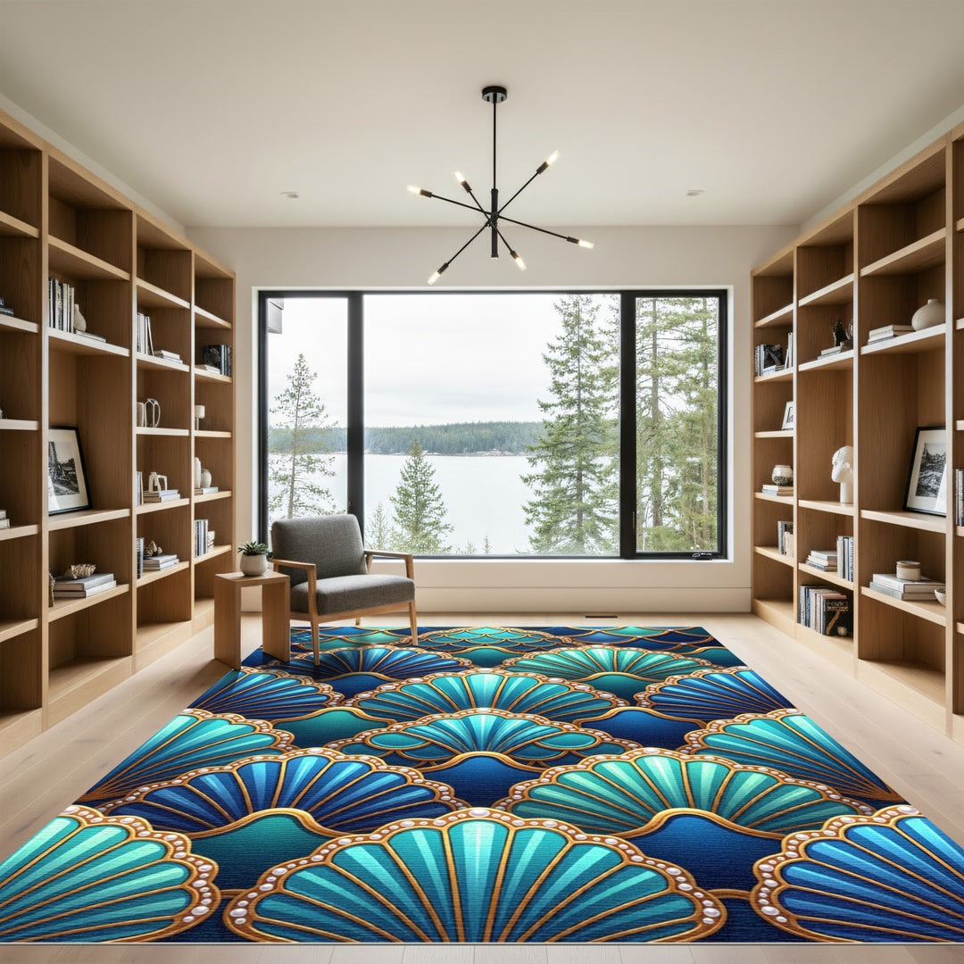 Ocean Blue Scallop Shell Medallion Rug