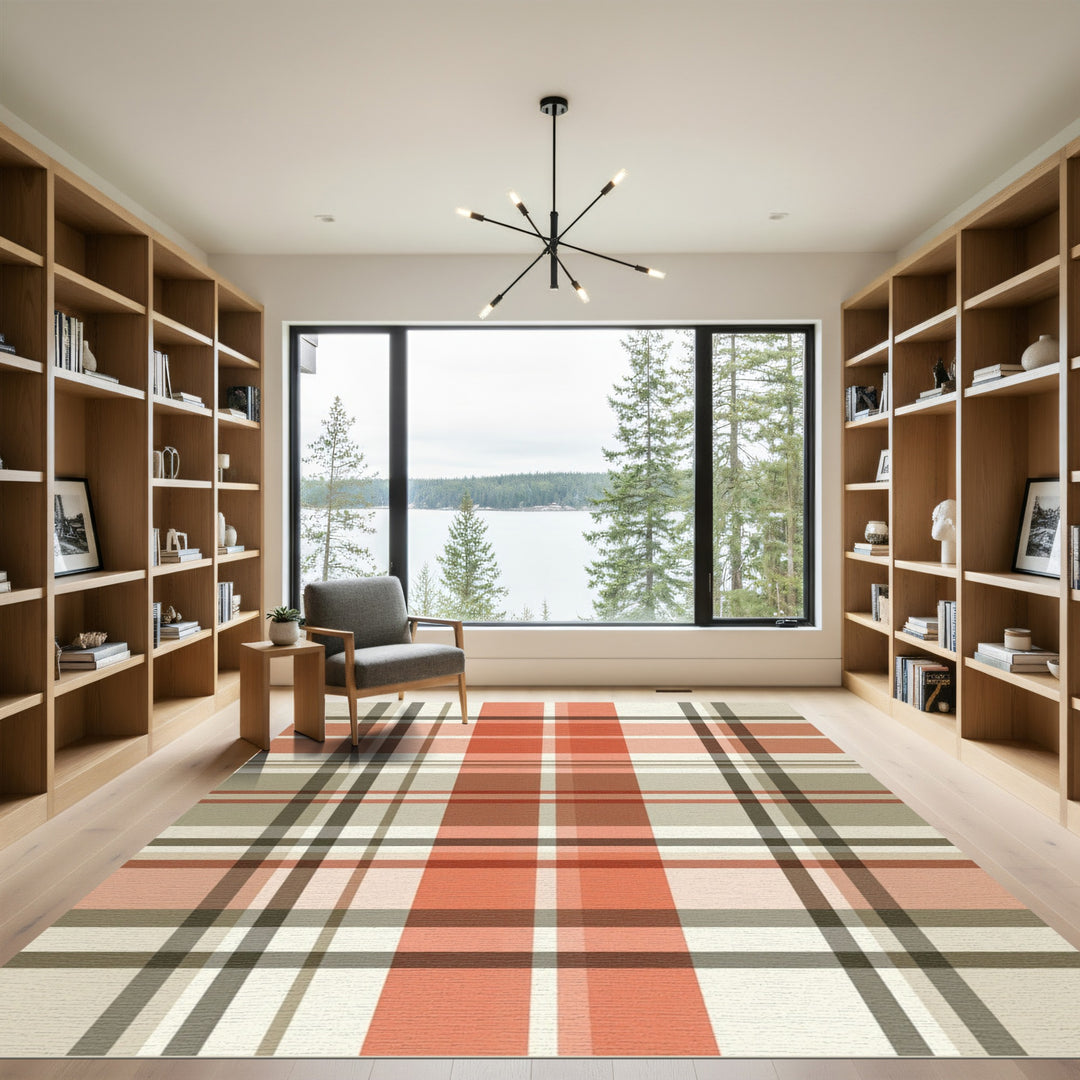 Terracotta Beige Plaid Tartan Rug