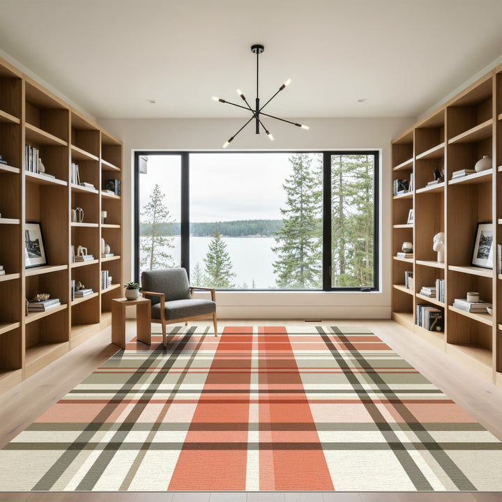 Terracotta Beige Plaid Tartan Rug