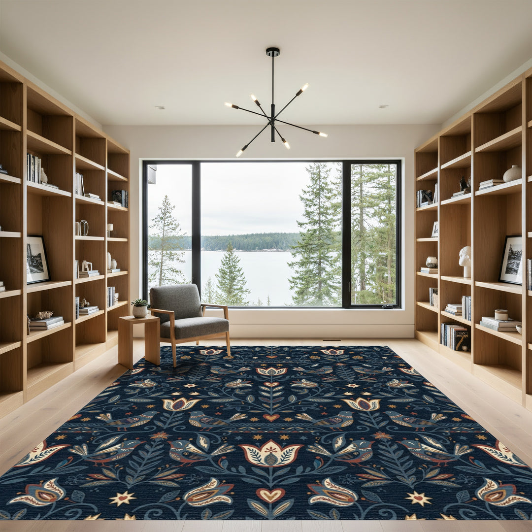 Navajo Blue Folk Floral Bird Medallion Rug