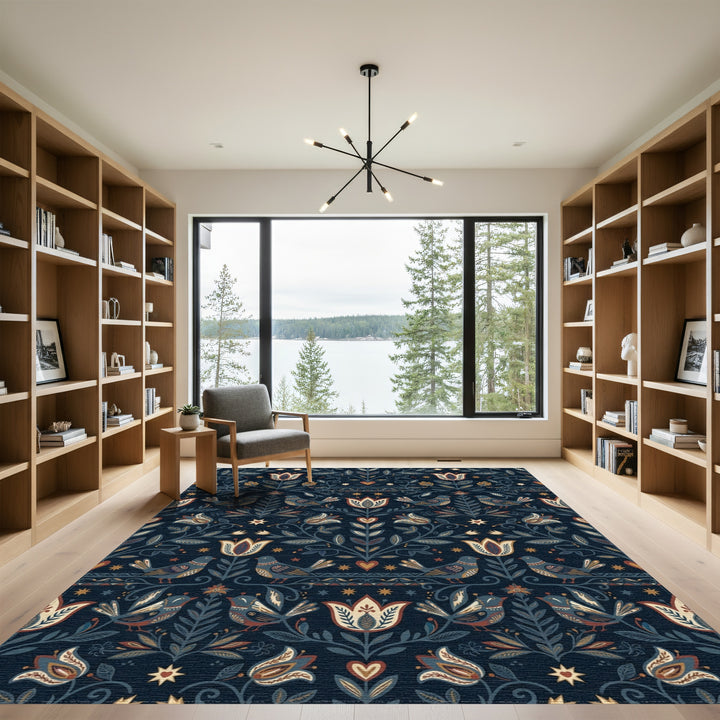 Navajo Blue Folk Floral Bird Medallion Rug