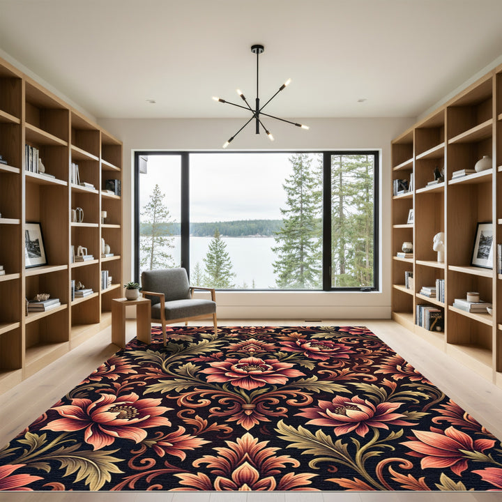 Gilded Coral Floral Damask Rug