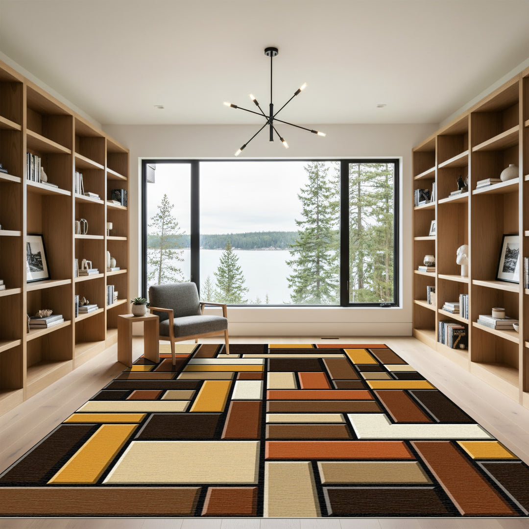 Chic Earthy Tone Rectangular Block Rug