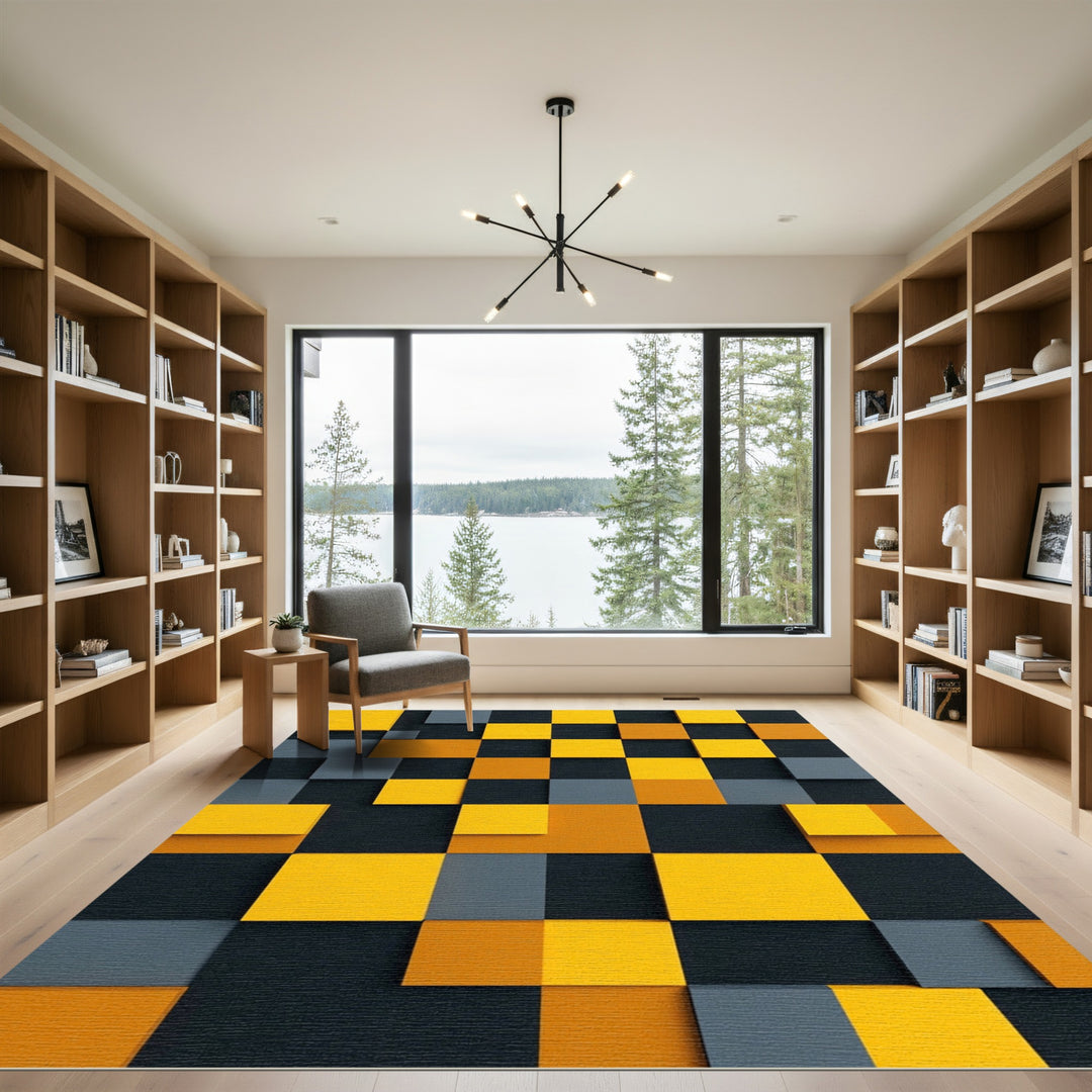 Bold Yellow Gray Checkerboard Squares Rug