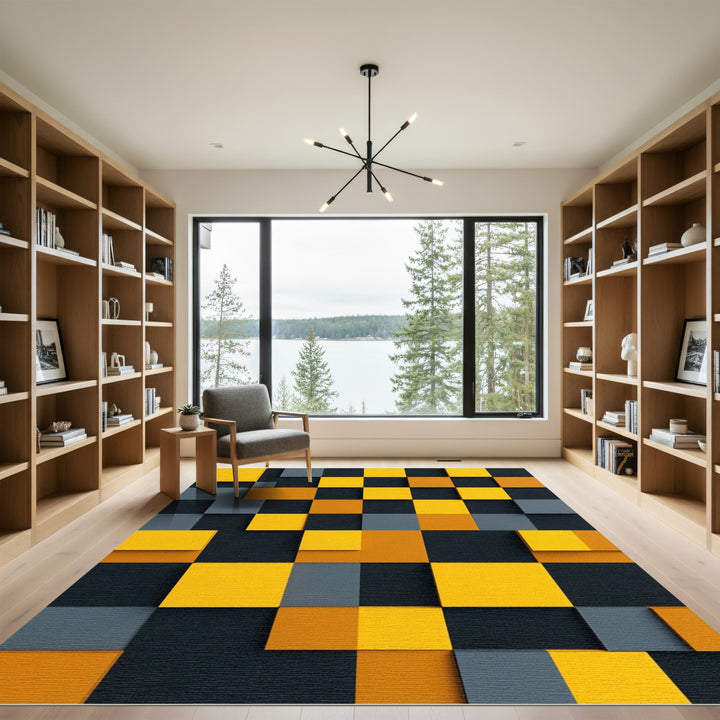 Bold Yellow Gray Checkerboard Squares Rug