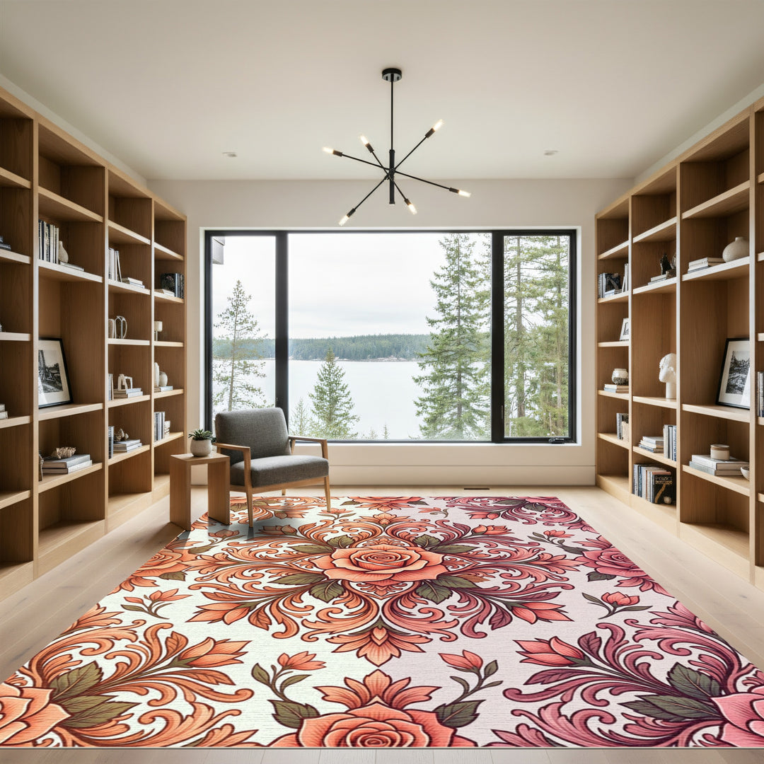 Coral Pink Rose Botanical Damask Rug