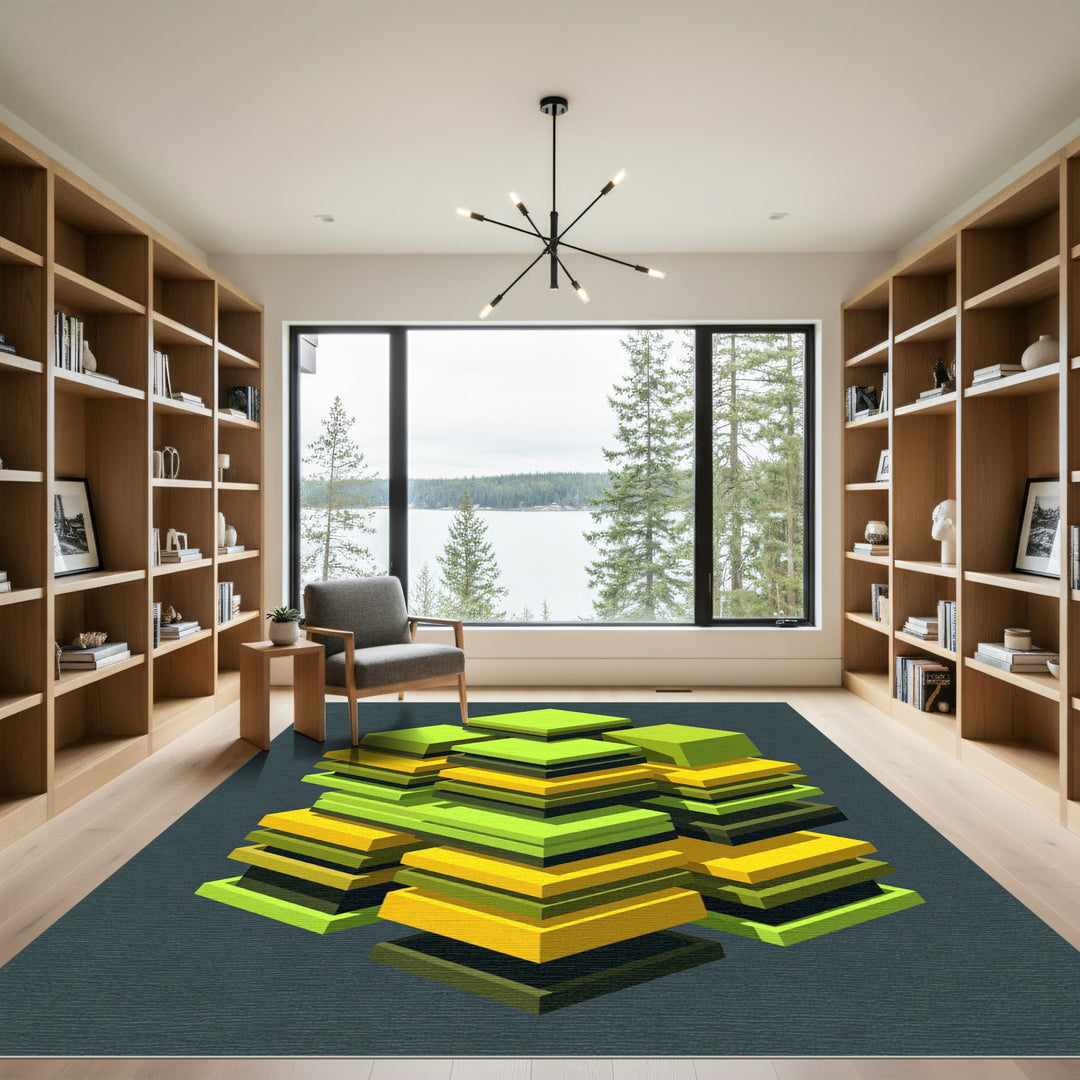 Isometric Abstract Blocks Green Yellow Rug