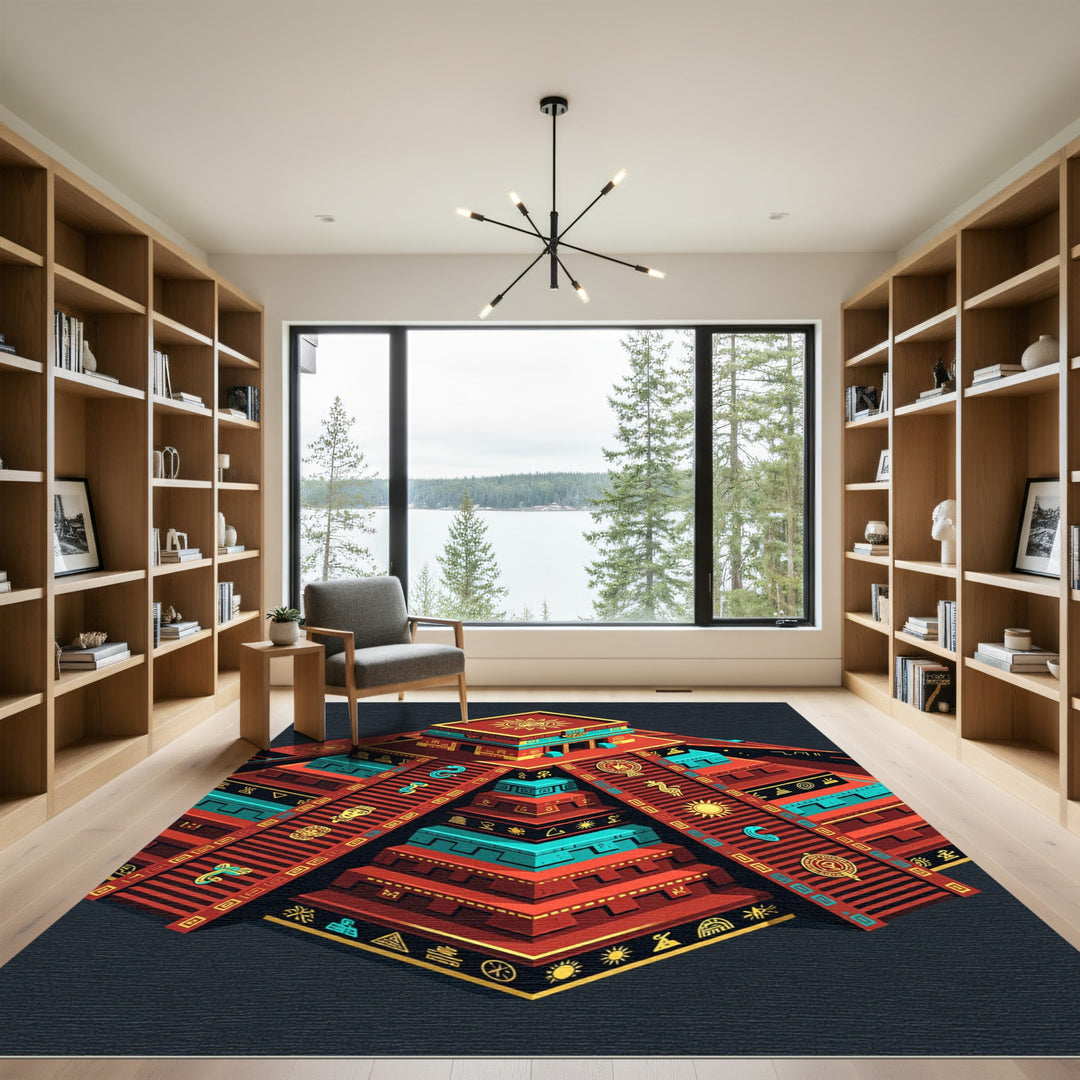Aztec Sun Pyramid Red Teal Rug