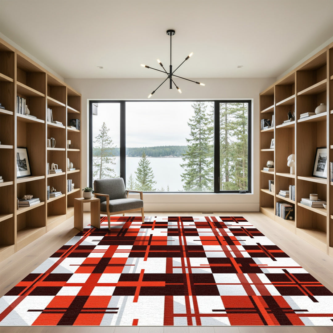 Bold Red Black White Plaid Grid Rug