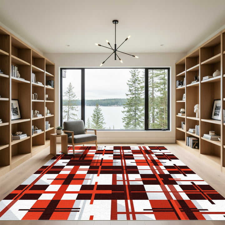 Bold Red Black White Plaid Grid Rug