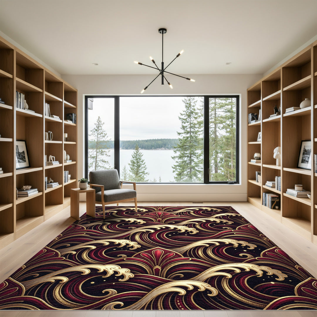 Onyx Red Wave Swirl Golden Art Rug