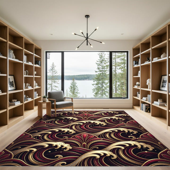 Onyx Red Wave Swirl Golden Art Rug