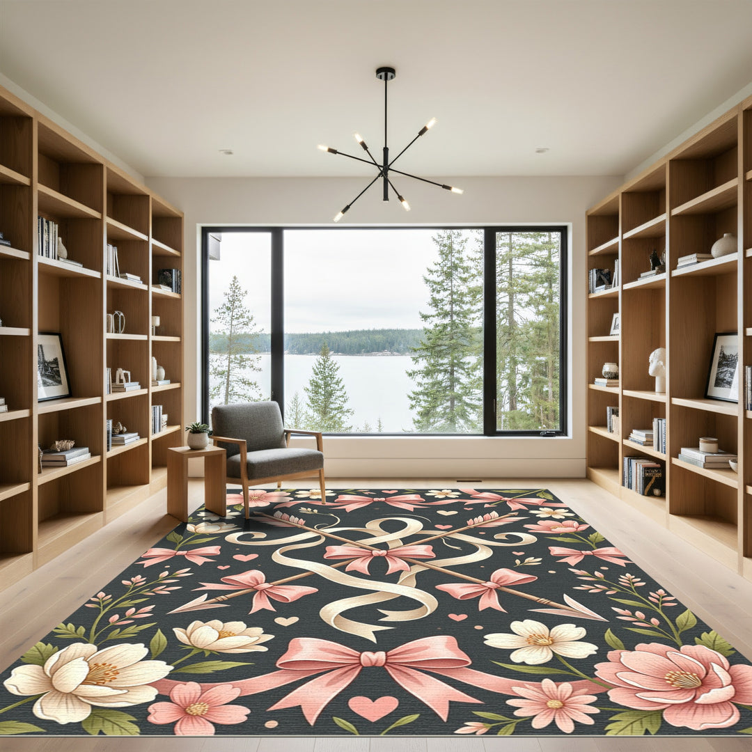 Pink Rose Heart Arrow Ribbon Bloom Rug
