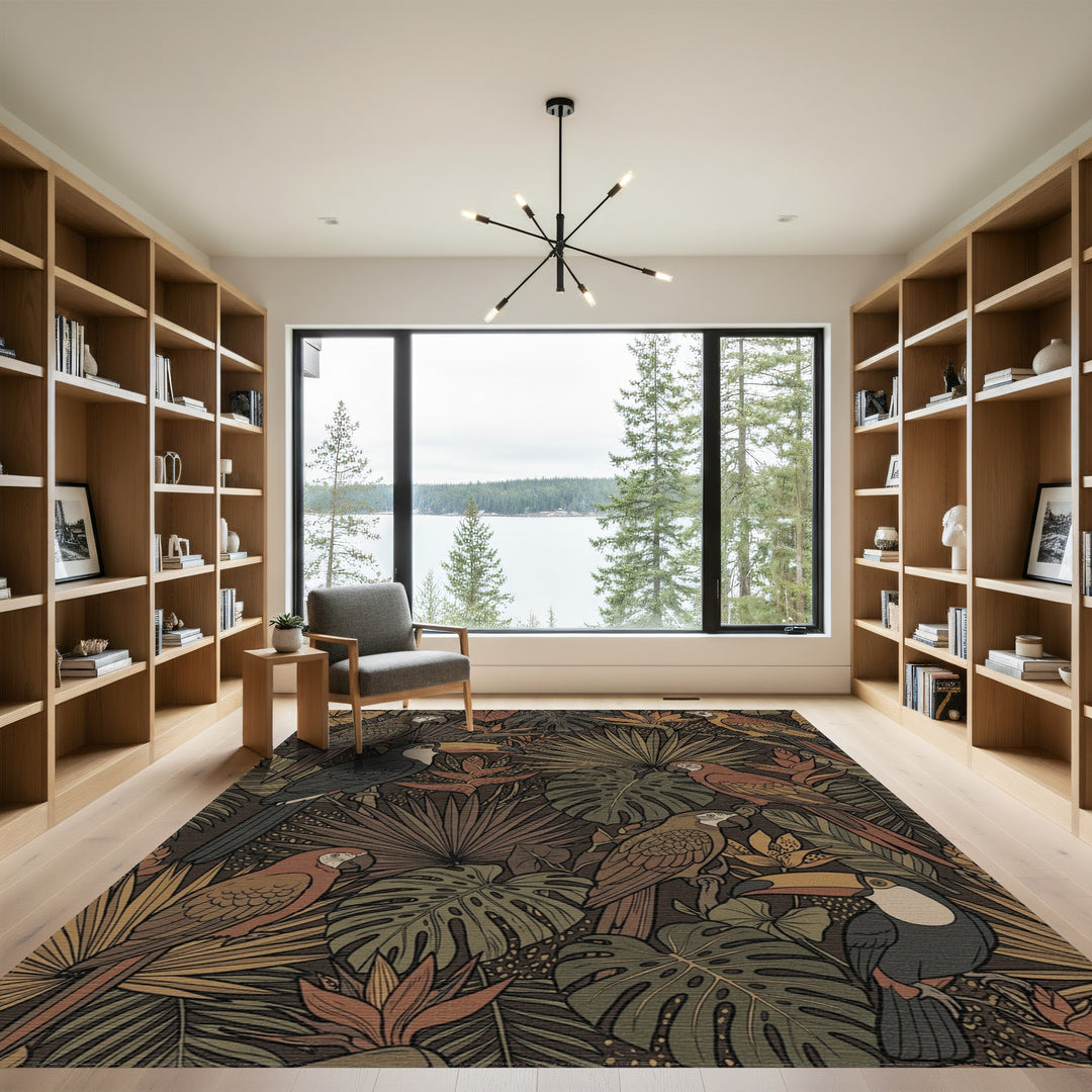 Earthy Tropical Birds Foliage Garden Rug