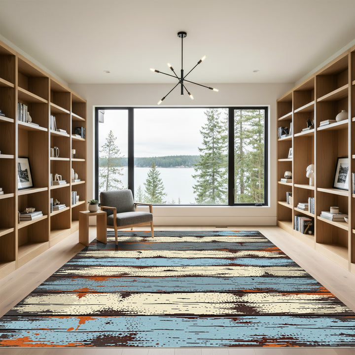 Distressed Blue Cream Wood Plank Rug