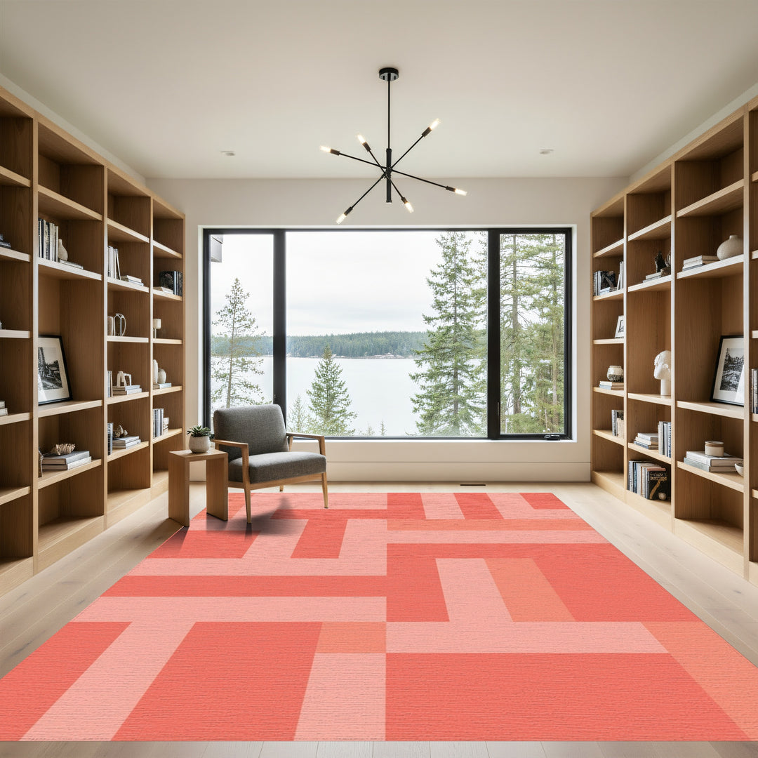 Coral Pink Geometric Interlocking Blocks Rug