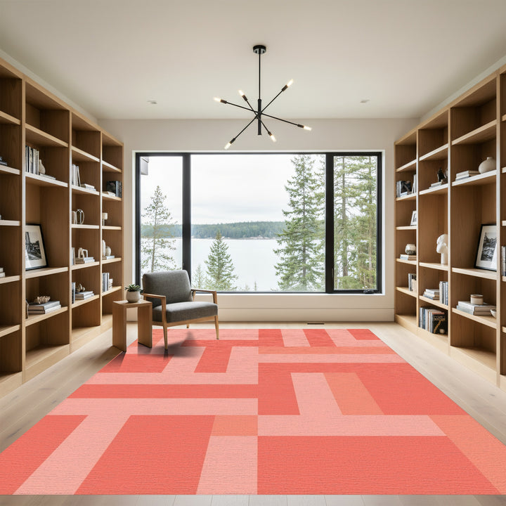 Coral Pink Geometric Interlocking Blocks Rug