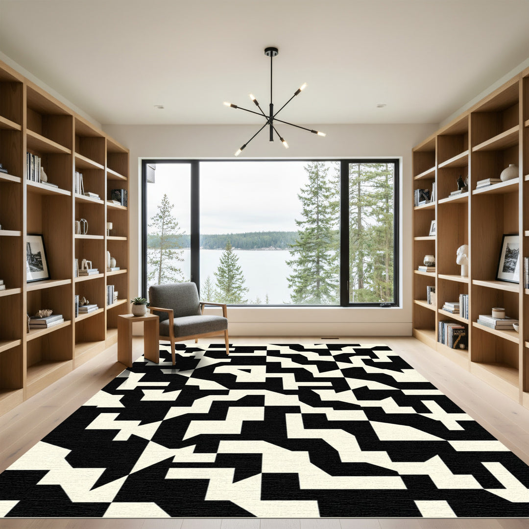Black White Geometric Angular Overlap Rug