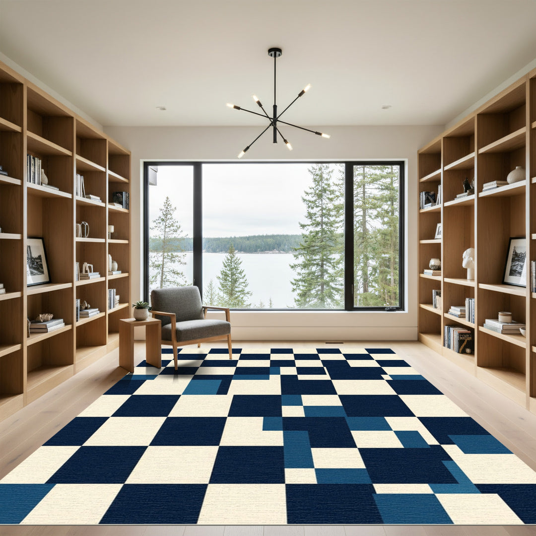Abstract Blue Chessboard Geometric Rug