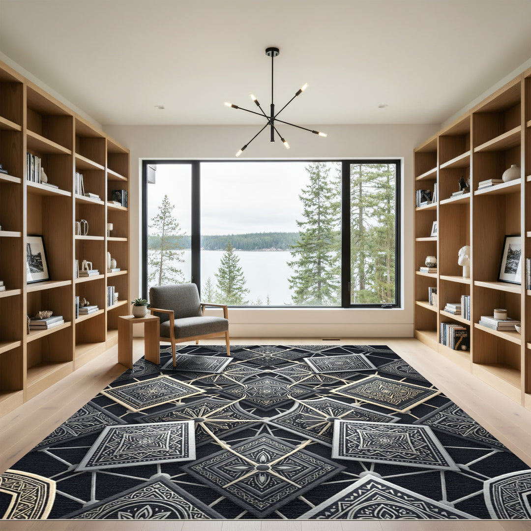 Gray Silver Intricate Geometric Square Overlay Rug
