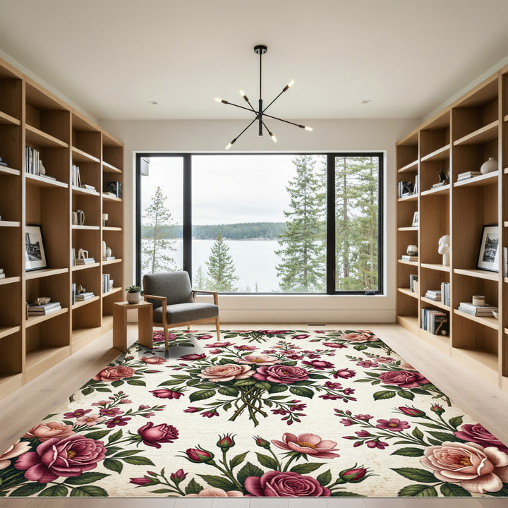 Vintage Burgundy Rose Botanical Flourish Rug