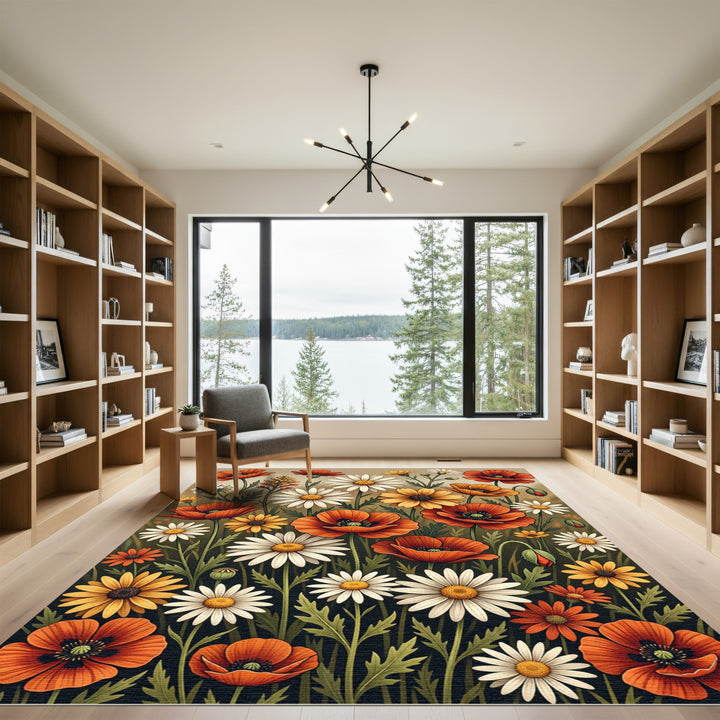Vibrant Poppy Daisy Floral Meadow Rug
