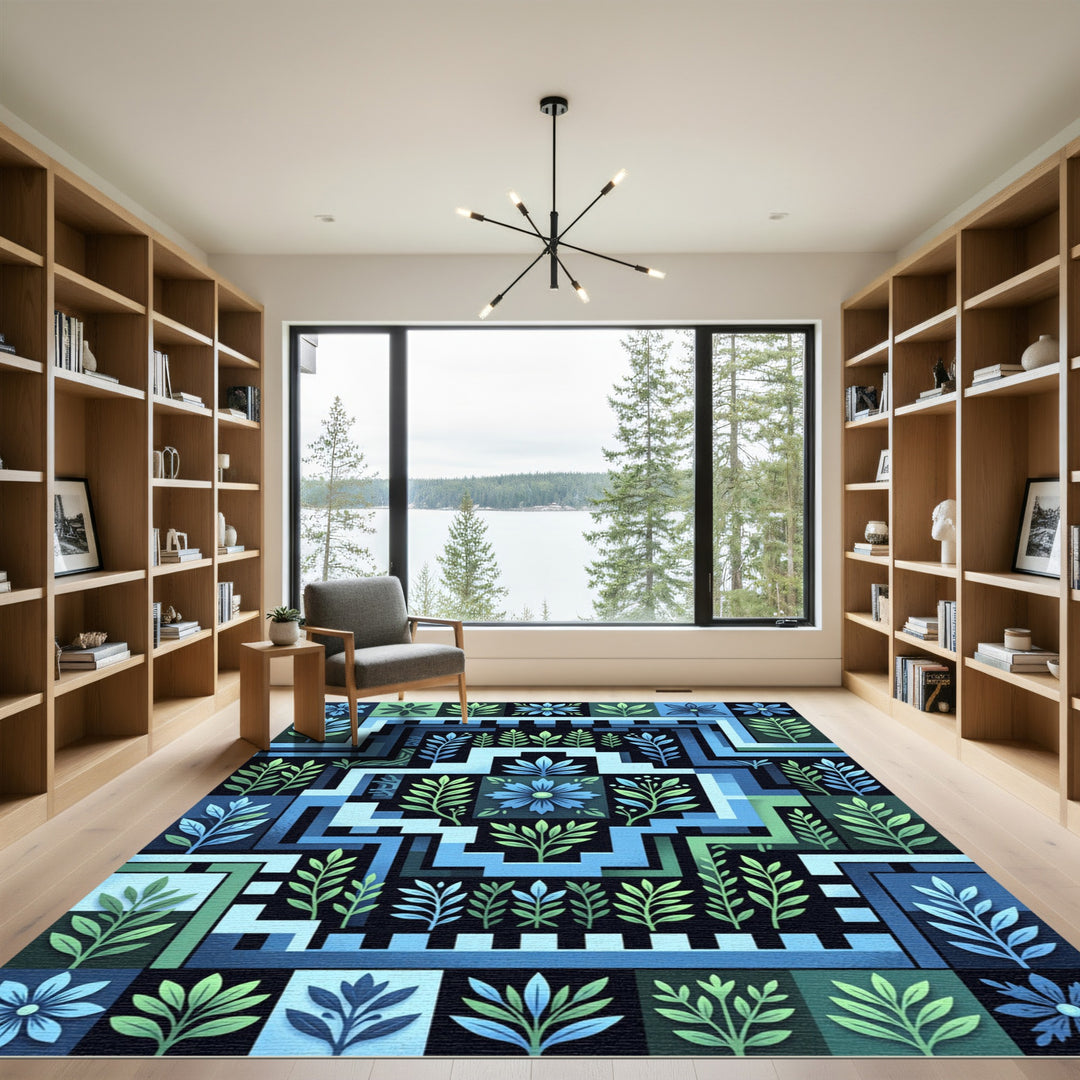 Deep Blue Green Floral Geometric Composition Rug