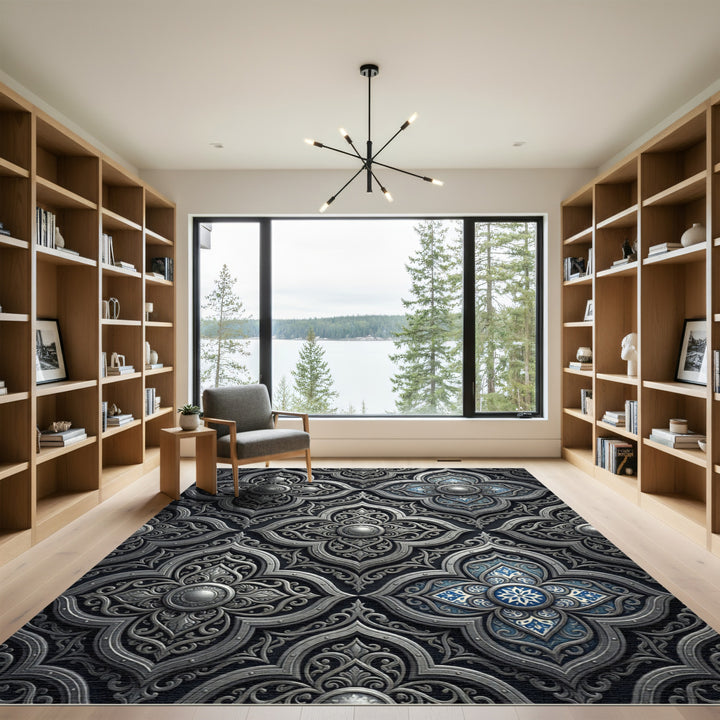 Ornate Silver Blue Floral Inlay Rug