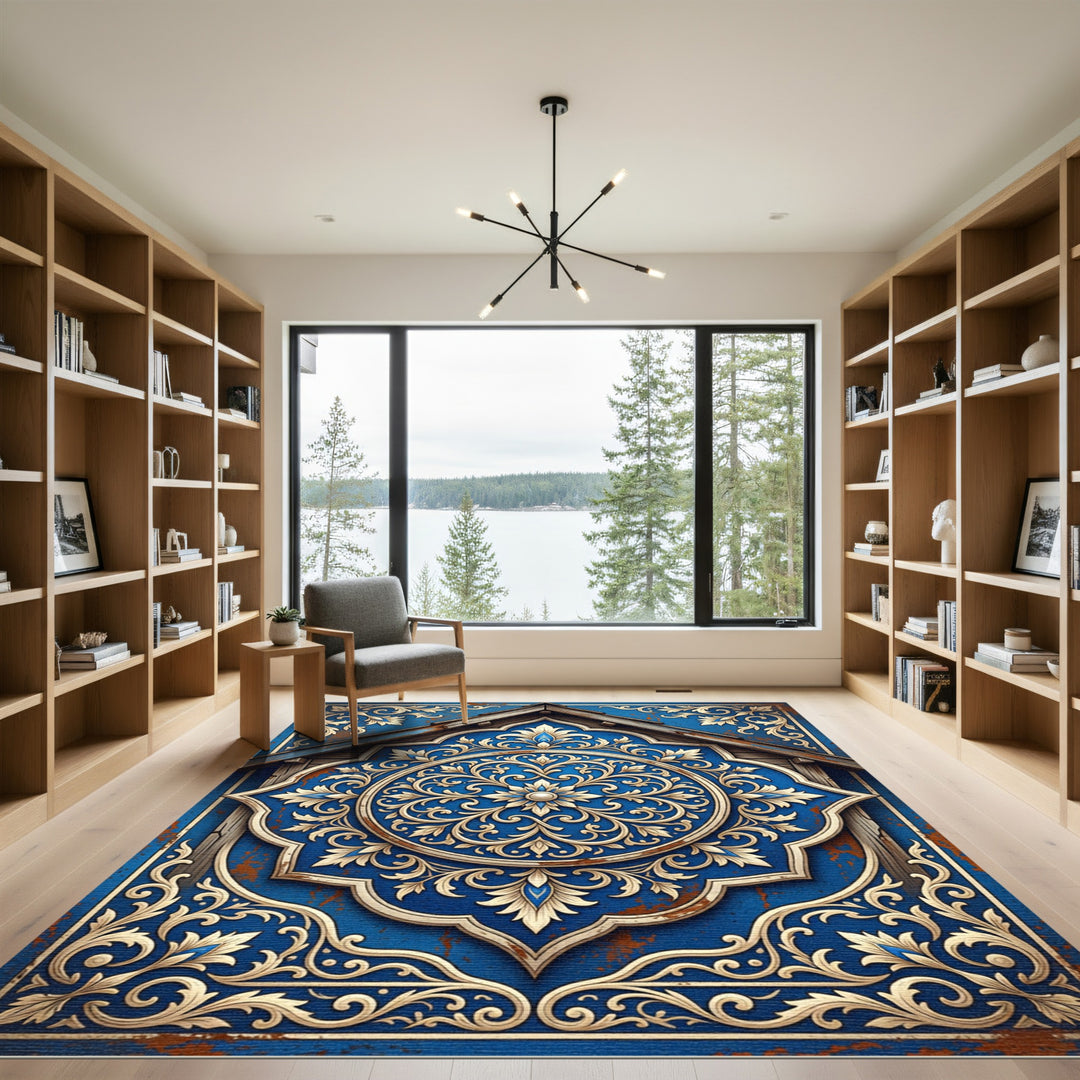Ornate Royal Blue Floral Medallion Rug