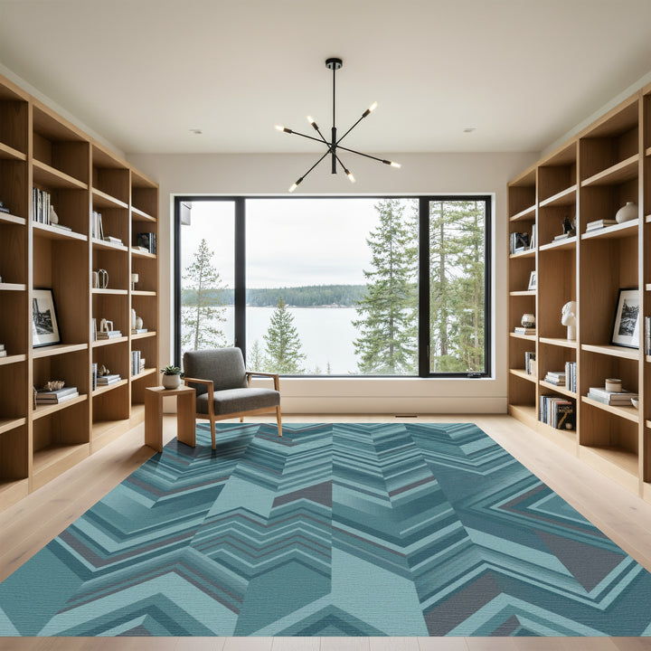 Teal Chevron Geometric Overlay Rug
