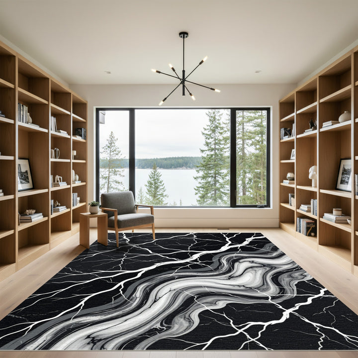Black White Marble Veined Abstract Rug
