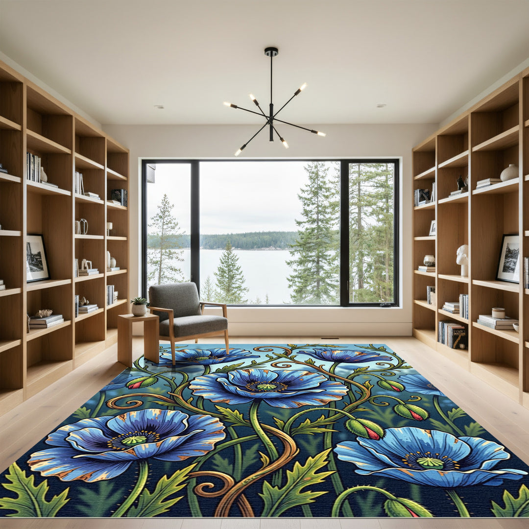 Vibrant Blue Poppy Floral Swirls Rug