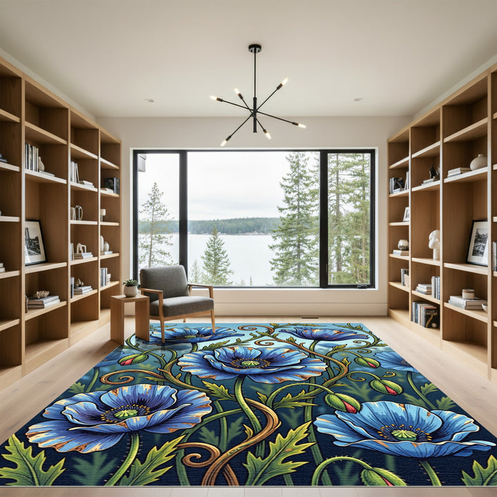 Vibrant Blue Poppy Floral Swirls Rug