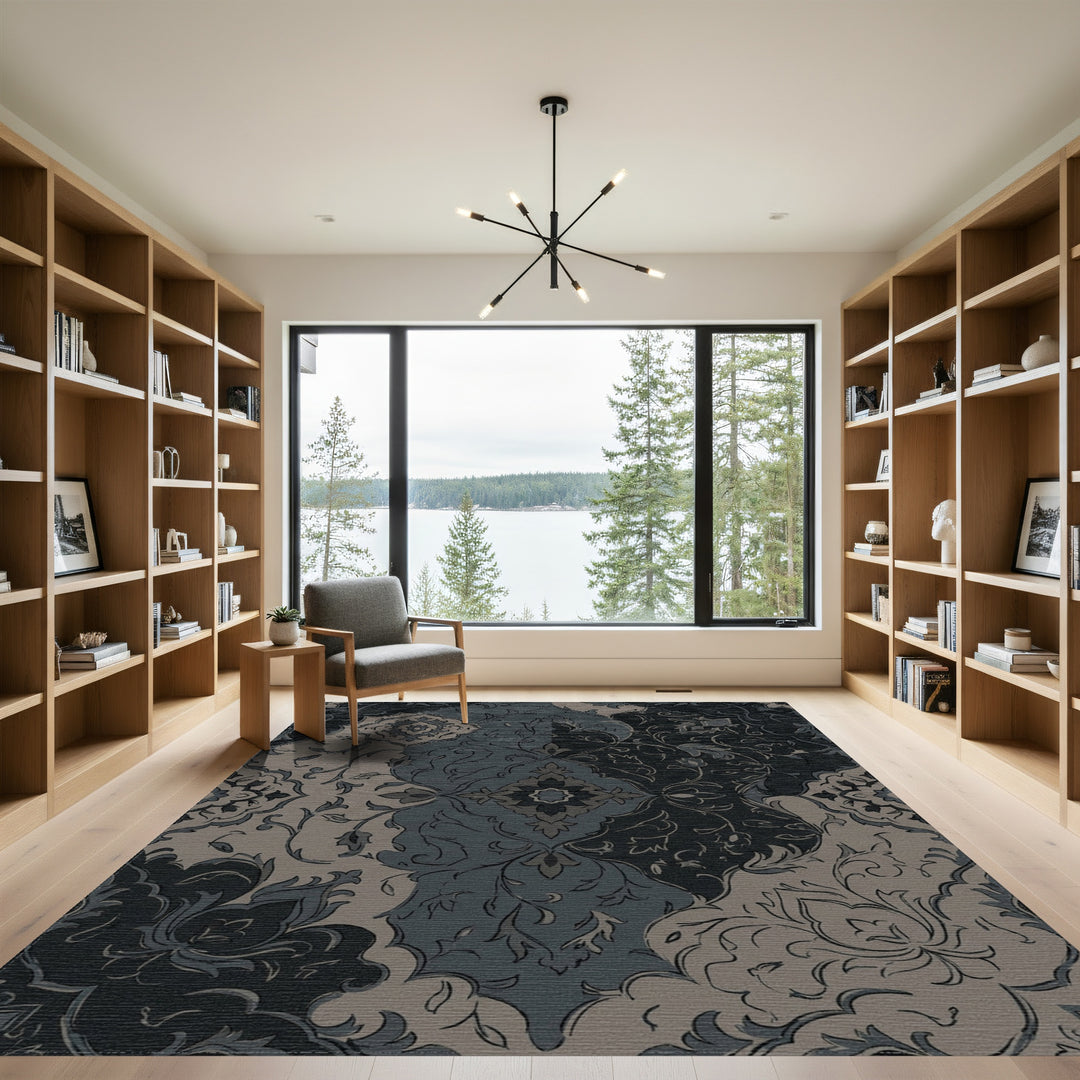 Charcoal Slate Floral Patchwork Medallion Rug