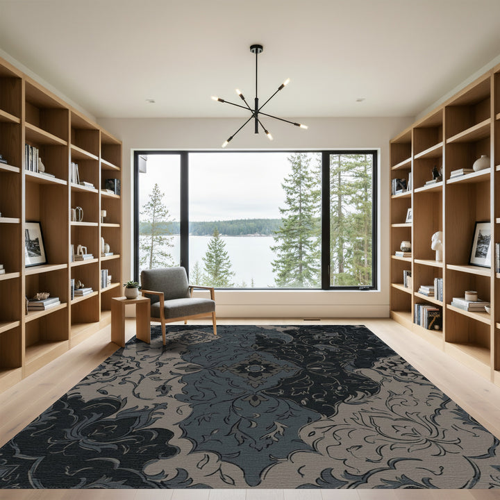 Charcoal Slate Floral Patchwork Medallion Rug