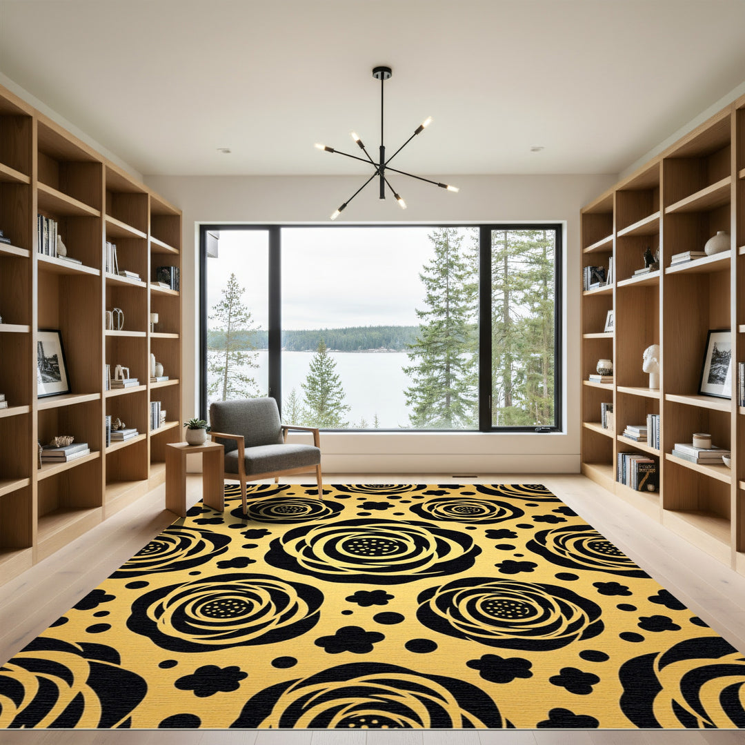 Bold Black Rose Garden Gold Rug