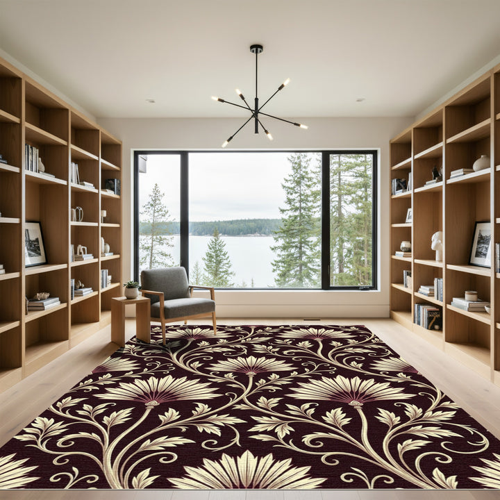 Cream Fan Floral Vine Dark Rug