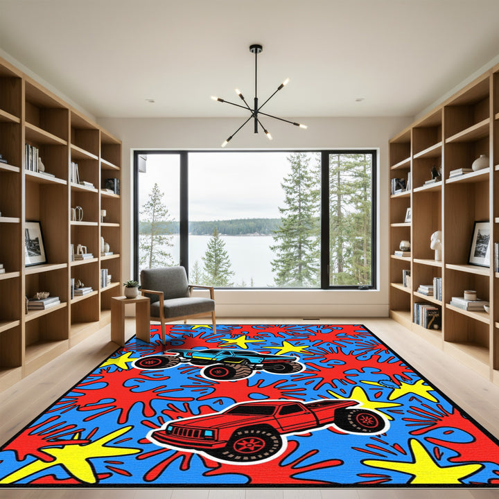 Blue Red Yellow Monster Truck Splatter Rug