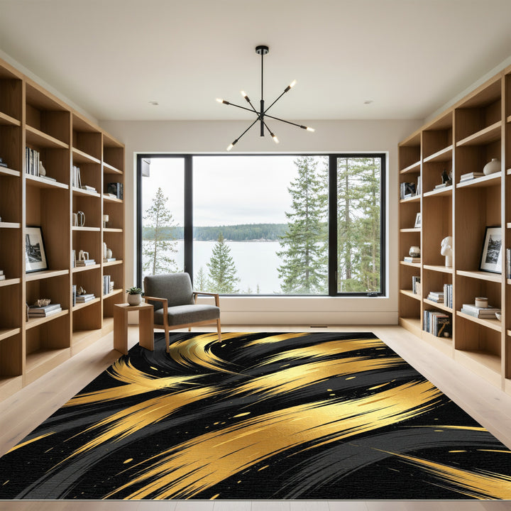 Bold Gold Swirl Abstract Black Rug