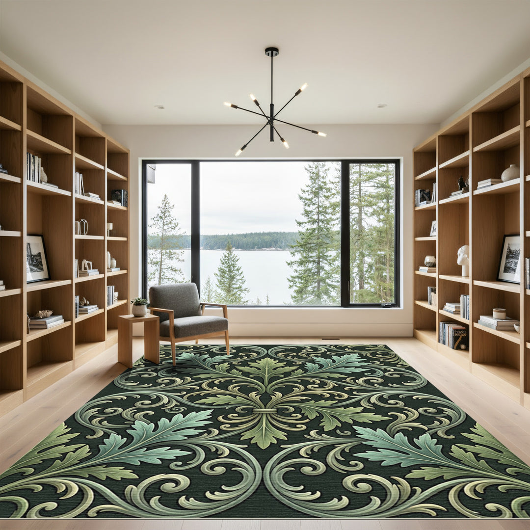 Verdant Green Leaf Scrollwork Damask Rug